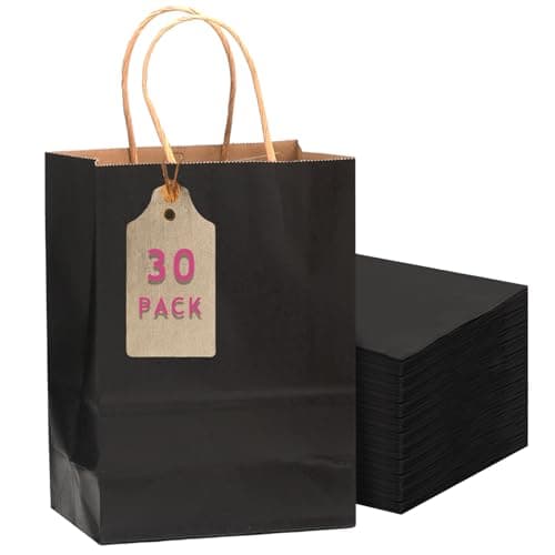 Image of Gcardist 30-Packs Black Gift Bags with Handles 11"x5"x8" Medium Size Kraft Present Paper Bags (27x20x12cm)