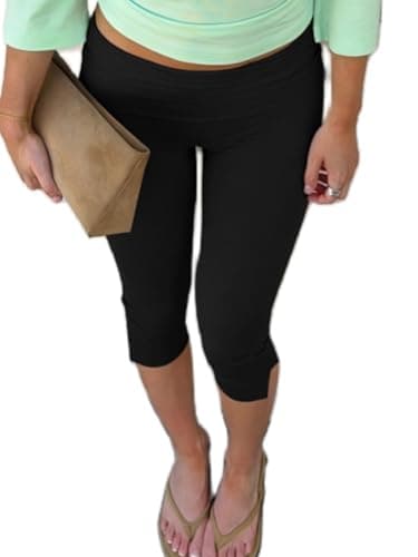 Image of SANSIWU Women's Split Hem Capri Leggings Fold Over Waist Stretch Cropped Pants Casual Yoga Bottoms Active Knee Length Pants (A-Black, L)