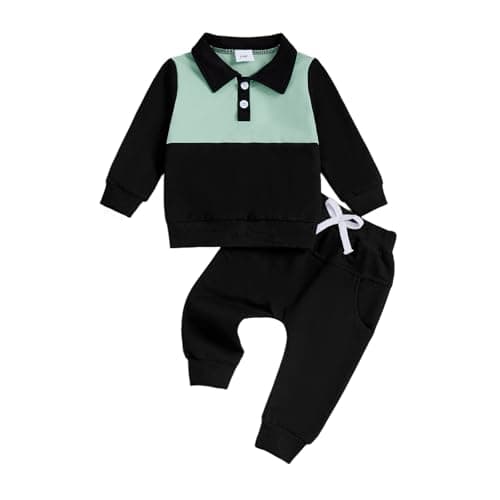 Image of Vioyavo Baby Boy Fall Winter Outfit Contrast Color Long Sleeve Lapel Sweatshirt Elastic Waist Long Pants 2 Pieces Tracksuit Clothes Set (Black, 2-3 Years)