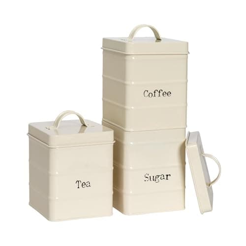 Image of Harbour Housewares Metal Tea Coffee Sugar Canister Set - Cream - 3pc Vintage Retro Food Storage Preservation Canister Caddy Container Tin with Airtight Fit Lid for Kitchen Organisation & Home Décor