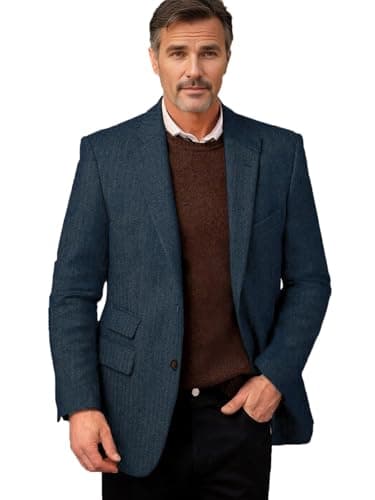 Image of DRCUIVS Men's Herringbone Tweed Blazer Single-Breasted Notch Lapel Structured Shoulder Business Suit Jacket, Navy, L