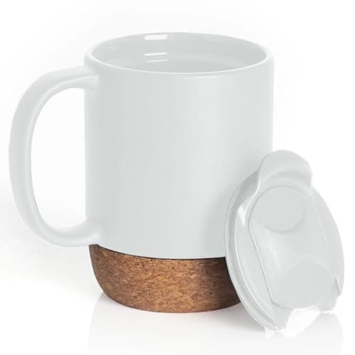 Image of Reusable Ceramic Travel Mug with Handle and Lockable Lid & Heat Proof Cork Base - Spill Proof, Refrigerator Safe, Heat Resistant Coffee Mug - White