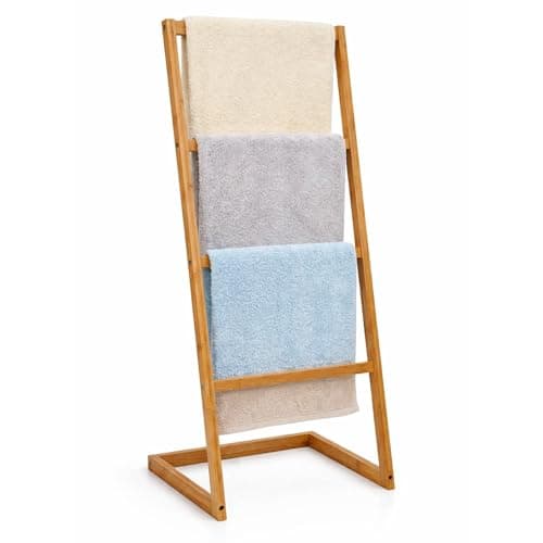 Image of Topvaleur Bamboo Towel Rack Freestanding Towel Rail and Towel Holder with Four Hanging Bars for Bathroom Storage and Clothes Drying Stand