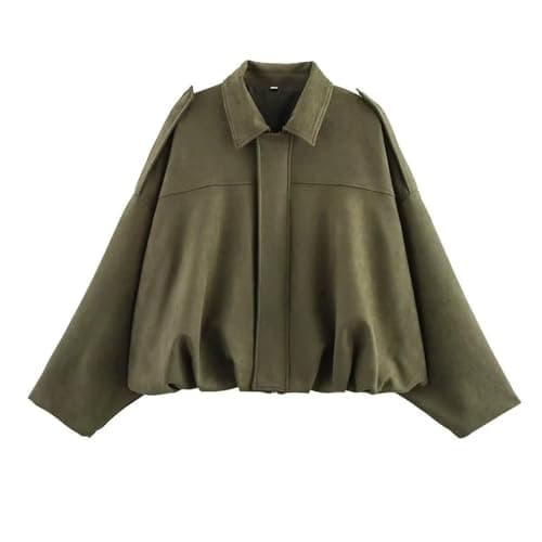 Image of Army Green Women's Bomber Jacket Pilot Bomber Jackets Long Sleeve Oversized Streetwear - Faux Suede, Batwing Sleeves, Full Zipper & Buckle Closure S