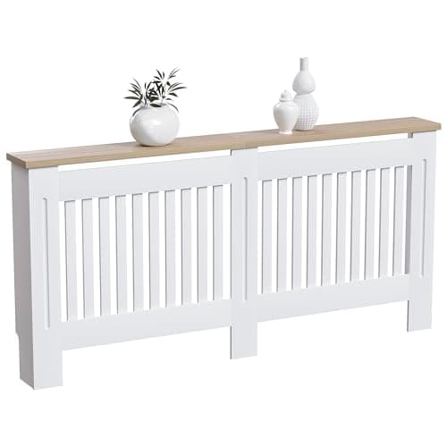 Image of Vida Designs Arlington Radiator Cover White - Extra Large - Modern Shaker Style Vertical Slat Design For Optimal Heat Circulation - H83.3xW172xD19cm - Painted MDF Cabinet with Wood Top Shelf