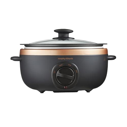 Image of Morphy Richards 3.5L Sear and Stew Slow Cooker, 3 Heat Settings, Dishwasher Safe Non Stick Aluminum Pot, Cool Touch Handles, Matte Black and Rose Gold, 460016