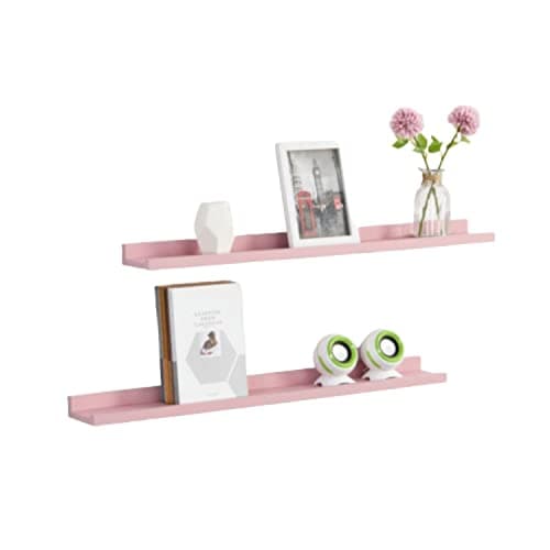 Image of KF-Premium Set of 2 Floating Wall Shelves - Industrial Picture Ledge Display Rack Book Wooden Hanging Organiser Shelf Gift for Bedroom, Living Room, Office (Pink)
