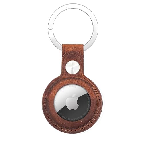 Image of Genuine Leather AirTag Keyring Holder for Apple AirTags. Anti-Lost, Scratch-Resistant Secure Key Ring Case for Key, Dog/Cat Collar, Luggage, Bag. Protective Air Tag Keychain Cover Accessory (Brown)