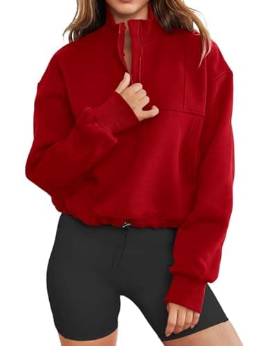 Image of LACOZY Women's 1/4 Zip Sweatshirt Pullover V Neck Long Sleeve Cropped Jacket Patchwork Crop Top Red S