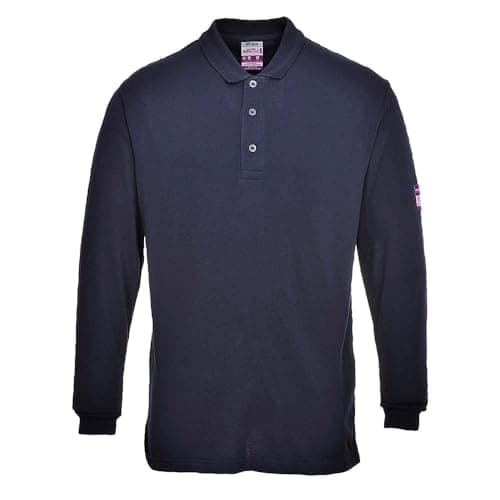 Image of Portwest FR10 Men's Flame Resistant Anti-Static Long Sleeve Polo Shirt - Lightweight Fireproof Welding ESD FR Safety Workwear, Navy, XXL