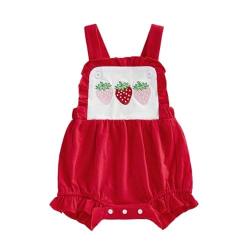 Image of Geagodelia Baby Girls Strawberry Embroidery Overalls Adjustable Shoulder Straps Button-up Jumpsuit Sleeveless Suspender Bodysuit Ruffled Trim Bottoms Romper One Piece Outfits (Red, 3-6 Months)