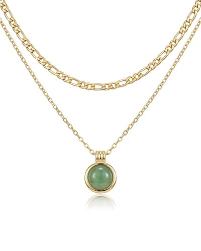 Image of Aliyoham 14K Gold Plated Double Layer Jade Necklace for Women, Round Green Pendant - Dainty Everyday Jewelry, a Thoughtful Gift for Her
