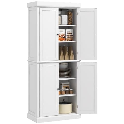 Image of HOMCOM 184cm Freestanding Kitchen Cupboard with 4 Doors, Modern Storage Cabinet Organizer with 6-Tier Shelving and 4 Adjustable Shelves, White
