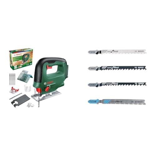 Image of Bosch Home and Garden Cordless Jigsaw UniversalSaw 18V-100 (Without Battery, 15 pcs Jigsaw Blade Set Included, Carton Packaging) + Tough Box Jigsaw Blade-Set with Single Lug Shank, Set of 40 Piece