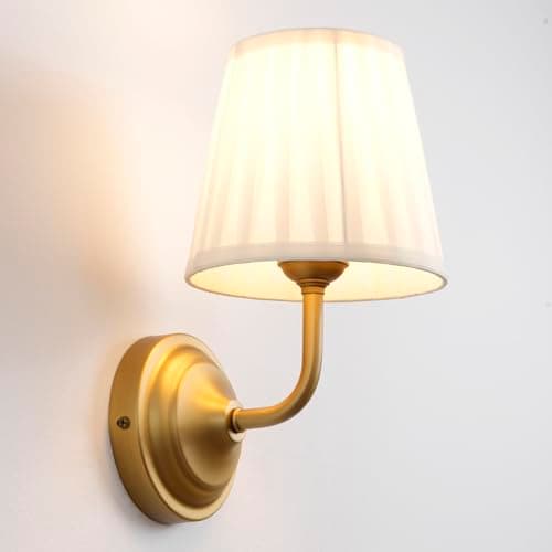 Image of SongCiLT Industrial Wall Light Sconce with Pleated Cream Fabric Shade, Vintage Brass Gold Wall Lamp Hardwired Light Fixtures for Bedroom Kitchen Living Room Bathroom