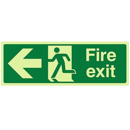Image of V Safety 14003BP-G Glow In The Dark Fire Exit Arrow Left Sign - 600mm x 200mm - Rigid Plastic, Green