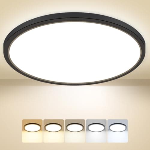 Image of Peasur Bathroom Light, 3000K/3500K/4000K/5000K/6500K 5 Color Temperature LED Ceiling Light, 24W 2800LM, IP54 Waterproof, Round, Modern, Flush Ceiling Light for Bathroom, Kitchen, BedroomØ33CM(Black)