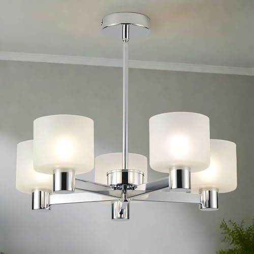 Image of HARPER LIVING Modern 5 Lights Chandeliers Ceiling Light, Chrome Semi Flush Ceiling Lamp with Sanded Glass Shades, 5xG9 Ceiling Lighting for Living Room Bedroom Dining Room Hallway