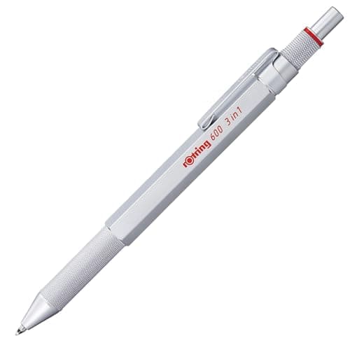 Image of rOtring 600 3-in-1 Multicolour Pen and Mechanical Pencil | Black & Red Ballpoint Pen Tips | 1 Mechanical Pencil Tip (0.5mm) | Silver Barrel