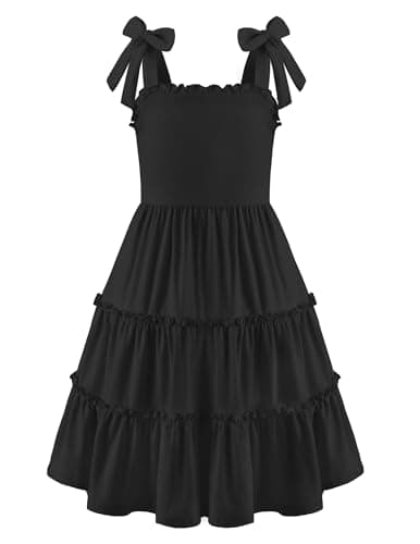Image of Arshiner Girls Dresses Bow Tie Sundress Kids Cotton Summer Dress Sleeveless Swing Party Dress Off Shoulder Elegant Casual Dresses for Girls 7-8 Years Black
