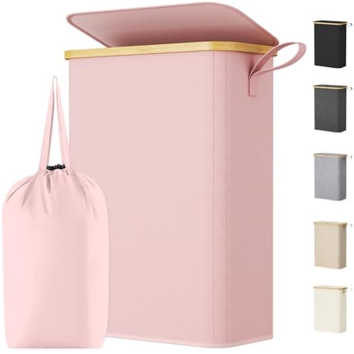 Image of Lifewit 50L Slim Laundry Basket with Lid, Narrow Laundry Bin with Removable Bag & Bamboo Handles, Foldable Thin Dirty Clothes Hamper for Laundry, Bathroom, Bedroom, Dorm (Pink)