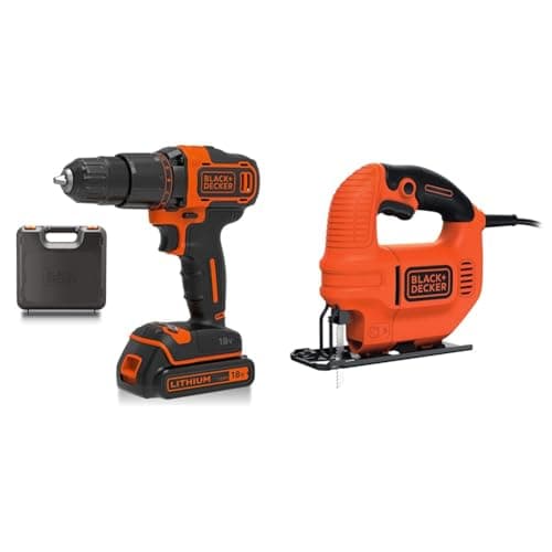 Image of BLACK+DECKER 18 V Cordless 2-Gear Combi Hammer Drill Power Tool with Kitbox, 1.5 Ah Lithium-Ion, BCD700S1K-GB, Orange & Black + Decker KS501-GB 400 W Compact Jigsaw with Blade