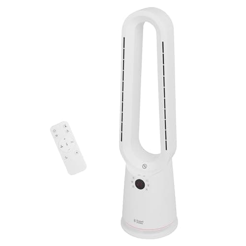 Image of Russell Hobbs Bladeless Electric Heater & Cooling Fan 2000W with Remote Control in White, 10 Fan Speeds & 4 Modes, Hot & Cool with Touch Control and LED Display, 8-hour Timer, RHBHC2030W