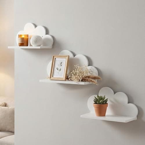 Image of YUNYOUC 3Pack Cloud Shaped Floating Wall Shelf, Decorative Bedroom Nursery Display Unit, Child's Cloud Shelves, Nursery Floating Shelf Child's Bedroom Themed Boy/Girl (White TypeB)