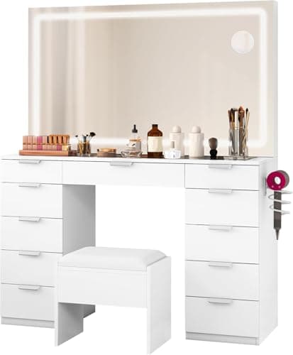 Image of YITAHOME Dressing Table & Stool set,Vanity Table w/ 3-Color LED Lights Mirror,Lights Brightness Adjustable,Transparent Glass Top Makeup Table with 11 Drawers,Power Outlet,Whtie Makeup Desk for Bedroom