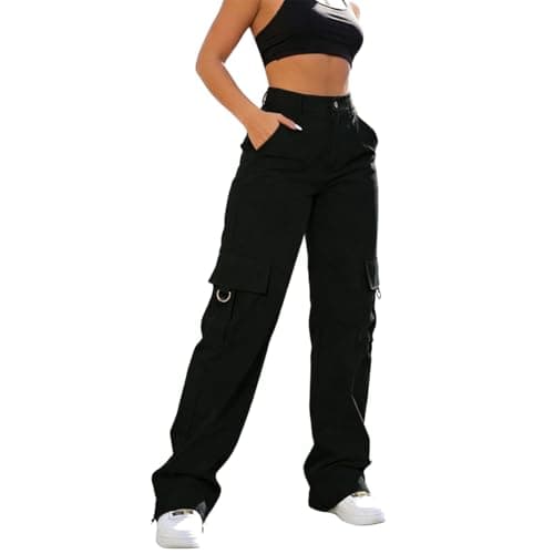 Image of ADUDVLO Cargo Trousers Women High Waisted Straight Leg Combat Pants with Multiple Pockets Wide Leg Utility Work Trousers Ladies Y2K Streetwear Casual Outdoor Hiking Trousers Black