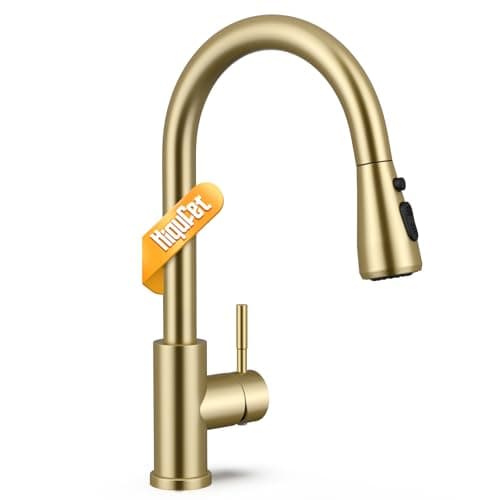 Image of Hiqufet Kitchen Tap, Kitchen Mixer Taps with Pull Down Sprayer, Stainless Steel High Arc Single Handle Kitchen Sink Tap for Pot Filler, Brushed Gold