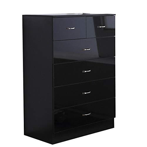 Image of FWStyle Contemporary 6 Drawer Chest of Drawers Black High Gloss with Matt Black Frame, Large Bedroom Storage Furniture with Deep Drawers and Metal Handles W70 x H100 x D40cm