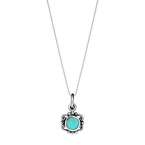 Image of 81stgeneration Sterling Silver Vintage-Style Filigree Frame Round Turquoise Pendant Necklace for Women - Victorian-Inspired Floral Pendant With Ornate Scrollwork - Blue Gemstone Boho Jewellery