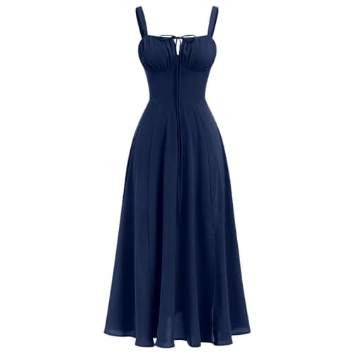 Image of IBTOM CASTLE Women's Floral Corset Dress Square Neck Spaghetti Strap Summer Boho Sundress Casual Flowy Slit Bustier Dresses X-Navy-Blue XS