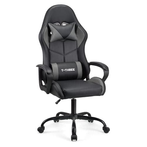 Image of T-THREE.High-back ergonomic gaming chair, computer, office, desk chair, swivel seat, racing-style seat with 150kg weight capacity.(Grey)