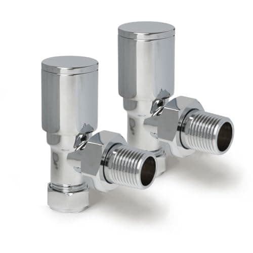 Image of Chrome Angled Radiator Valves Round Modern Radiator Valves Pair of 15mm x 1/2" Set of 2 for Heated Towel Rails & Central Heating Radiators Chrome Radiator Valve Set
