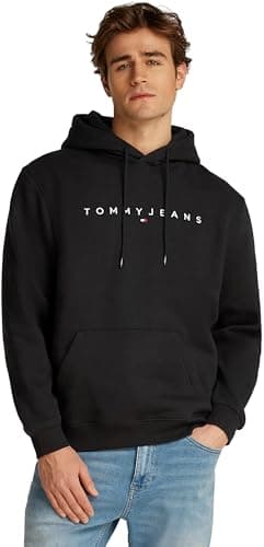 Image of Tommy Jeans Mens Tjm Reg Linear Logo Ext Dm0dm20746bds004 Pullover Hoodie, Black (Black), L UK