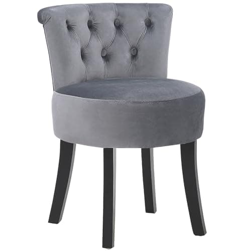 Image of Warmiehomy Dressing Table Stool with Wooden Legs and High Back, Comfy Makeup Vanity Stool Chair for Dressing Table, Bedroom, Living Room, Grey, Velvet Fabric
