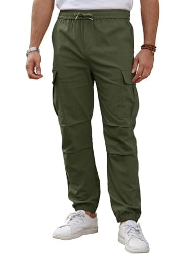 Image of TMEOG Mens Cargo Trousers with Multiple Pockets Lightweight Work Joggers Elastic Waist with Drawstring Casual Tracksuit Bottoms (Green,M)