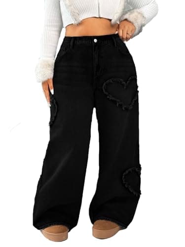 Image of Vaimti Plus Size Casual High-Waisted Wide Leg Jeans with Heart Distressed Design, Vintage Washed Denim (UK, Alpha, L, Plus, Regular, Balck)