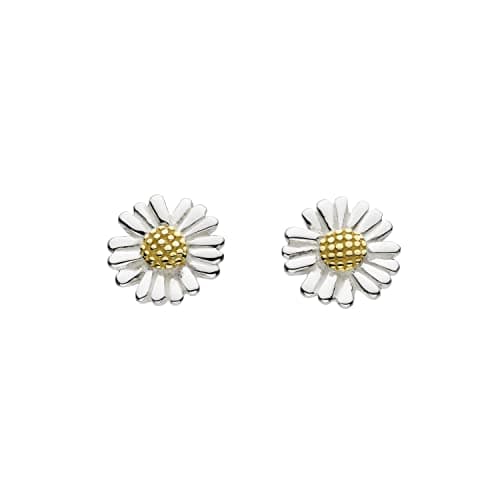 Image of DEW Silver & Gold Plated Mini Daisy Stud Earrings – Sterling Silver and Rose Gold Plate, 3D Detail, Cute and Fun Nature Inspired Jewellery