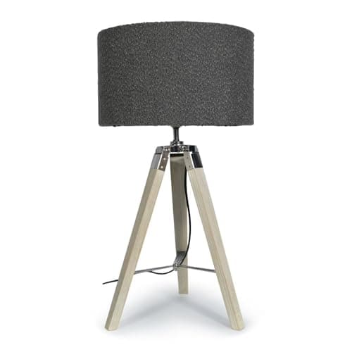 Image of ValueLights | Modern Light Wood & Chrome Tripod Table Lamp with a Charcoal Grey Boucle Drum Shade | Table Lamps, Home Décor & Improvement Essential | Included LED Bulb