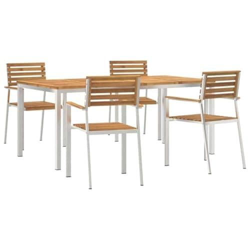 Image of HFMDRMU Modern 5 Piece Outdoor Dining Set with Brown Acacia Wood Tabletop, Stainless Steel Frame, and Cushioned Seats for Garden Terrace