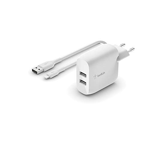 Image of Belkin 2 Port USB-A Boost Charge 24W AC Charger with USB-A to Lightning Cable (iPhone 12, 12 Pro, 12 Pro Max, 12 mini, SE, 11, 11 Pro, 11 Pro Max, XS, XS Max, XR, X, 8, iPad, AirPods, etc.)