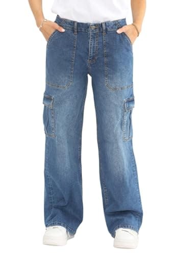 Image of MYT Womens Wide Leg Jeans Ladies Baggy Loose Cargo Pocket High Waisted Stretch Denim Pants Mid Stonewash Blue 16 Regular