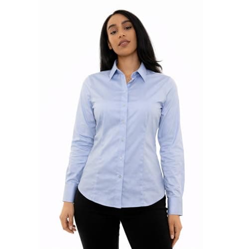 Image of Style It Up Women’s Long Sleeve Tailored Fit Blouse – Ladies Formal Office Button-Down Smart Work Shirt (Light Blue Contrast, 16)