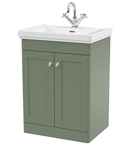 Image of nuie CLC825A Classique Traditional Bathroom Floor Standing 2 Door Vanity Unit with 1 Tap Hole Fireclay Basin, 600mm, Satin Green