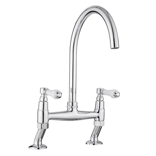 Image of JASSFERRY Traditional Bridge Mixer Tap White Ceramic Lever Handles Deck Mounted Monobloc Classic 2 Hole Kitchen Sink Chrome Faucet with Swivel Spout