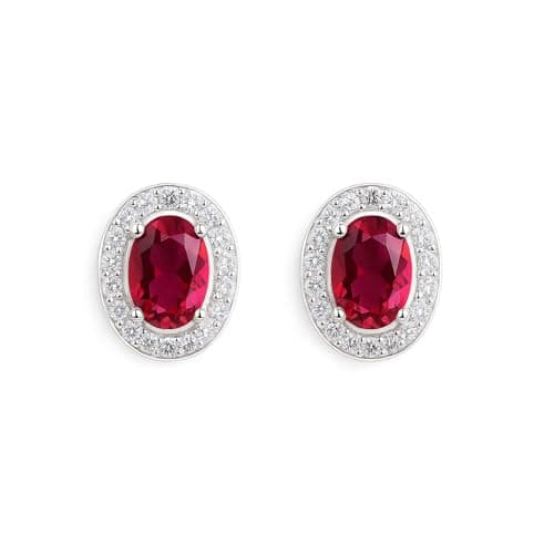Image of Sterling Silver Sapphire Blue/Ruby Red/Light Blue Aquamarine/Clear CZ Halo Stud Earrings 4mm x 6mm Main Stone (Ruby Red)