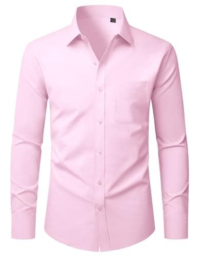 Image of Alimens & Gentle Dress Shirts for Men Adult Long Sleeve Slim Fit Stretch Formal Casual Button Down Pink Shirts with Pocket L